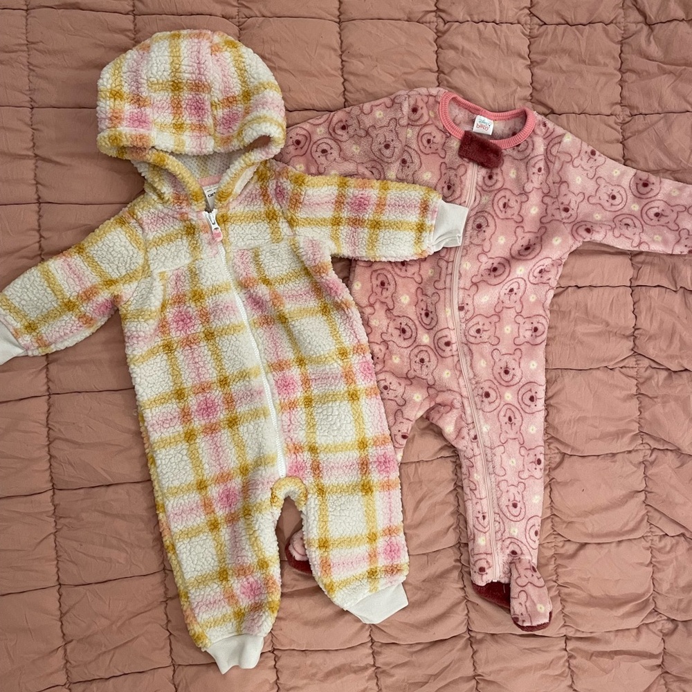 New cozy baby one piece body suit and Disney footy pajamas